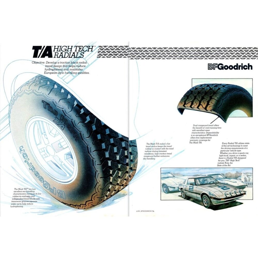 1981 BF Goodrich Radial Tires Mazda RX7 RX-7 2 Page Vintage Print Ad Wall Art